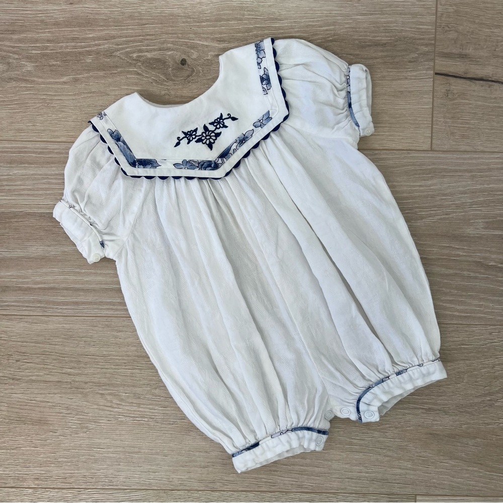 Little Wishes Macy’s Vintage Blue & White Embroidered Bubble Romper